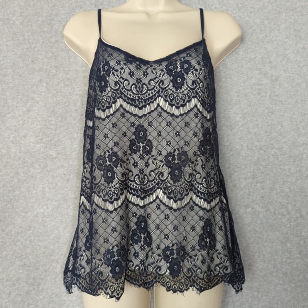 Y2K Maurices Fairy‎ Lace Crinkle Cami M whimsigoth Floral Sweetheart Navy White
